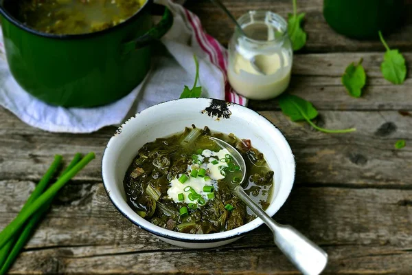 Zuppa tradizionale russa con uova e panna acida — Foto Stock